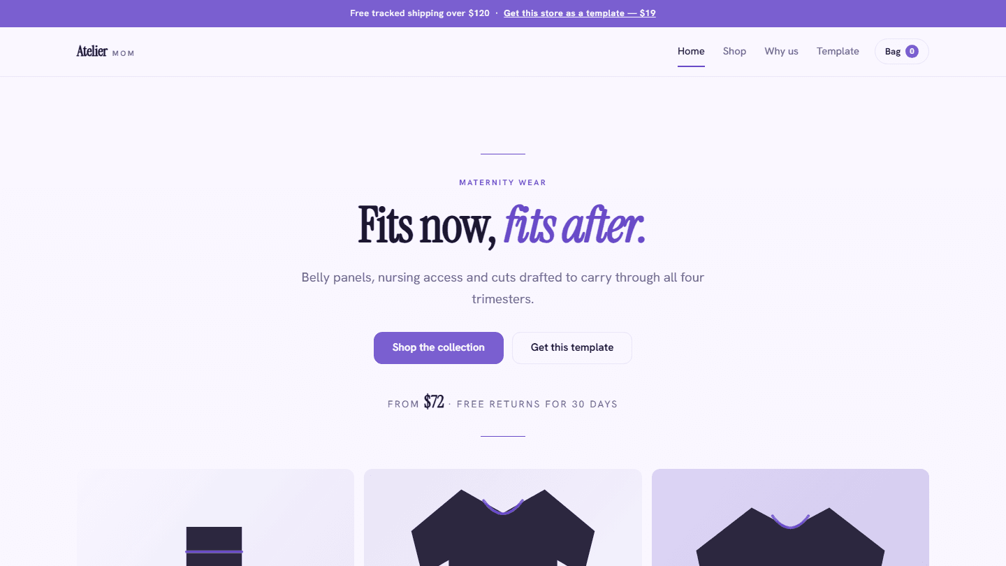 Atelier Mom maternity store web template homepage in HTML CSS and JS with hero text and navigation menu
