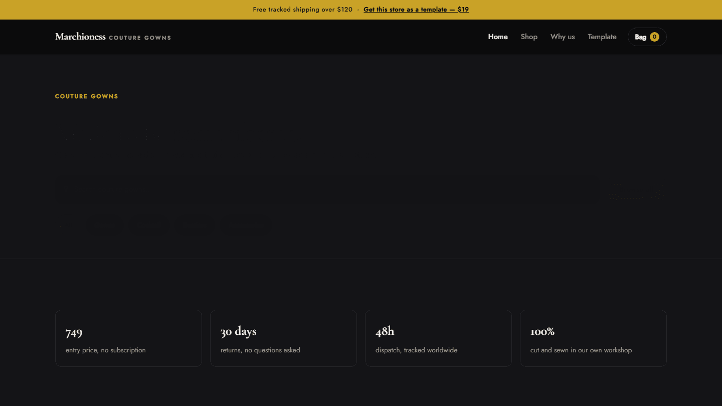 Marchioness couture gowns store template web page layout with navigation, headings, and feature cards