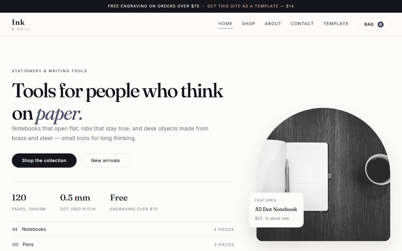 Ink and Quill stationery store webpage template screenshot with navigation, hero text, and featured notebook product