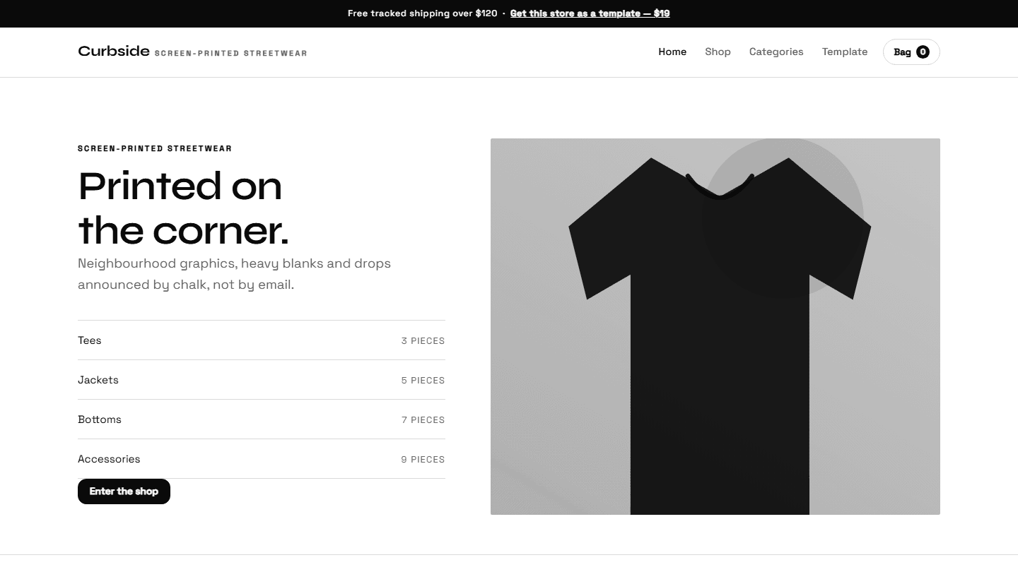 Curbside streetwear store template webpage with navbar, product categories list, and black shirt hero graphic