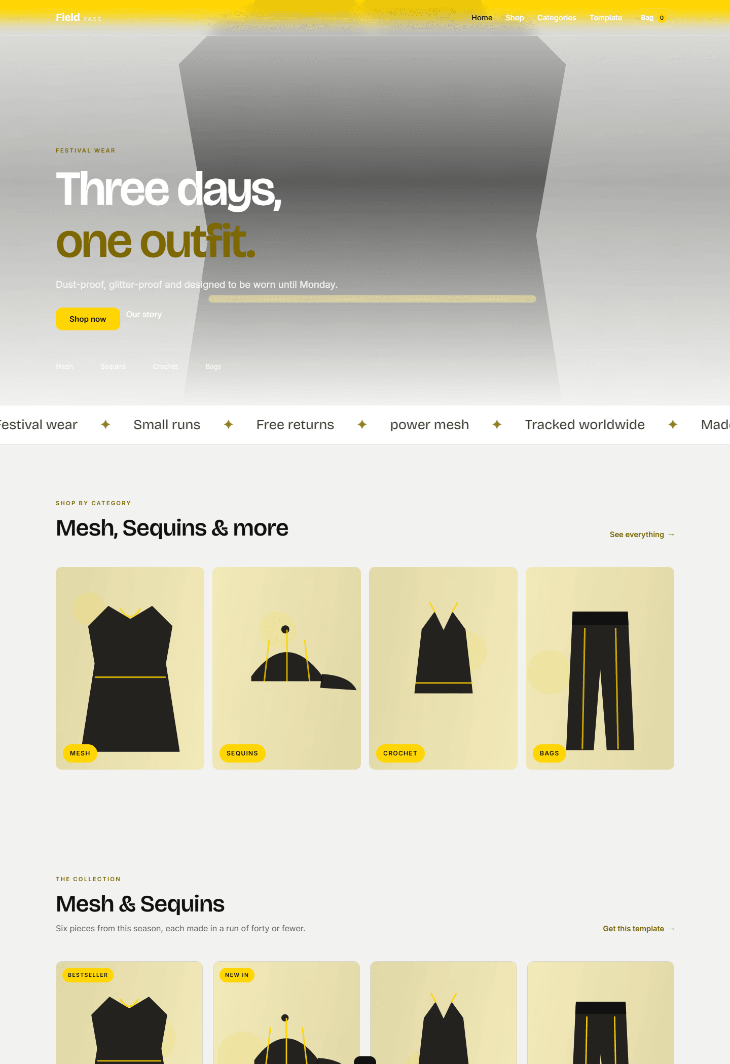 Field Pass festival wear store template with HTML CSS JS layout and category product cards