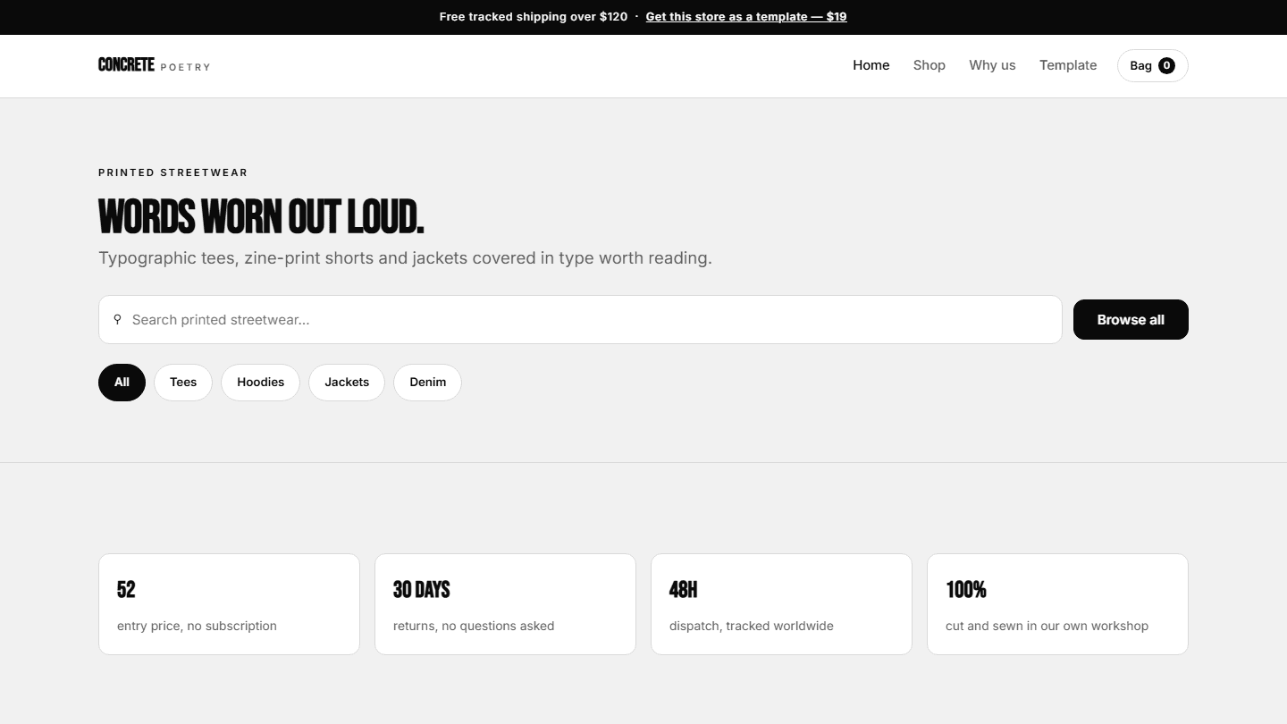 Concrete Poetry printed streetwear e-commerce store template webpage with header, search, filters, and feature cards
