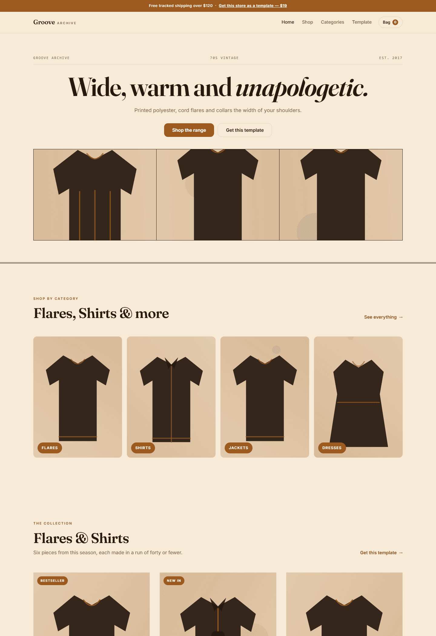 Groove Archive vintage 1970s e-commerce store template screenshot with clothing category cards in HTML CSS JS layout