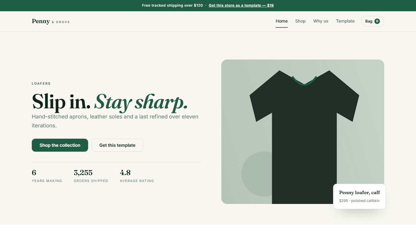 Penny & Grove complete loafers store template webpage screenshot with navigation, hero text, and product t-shirt graphic