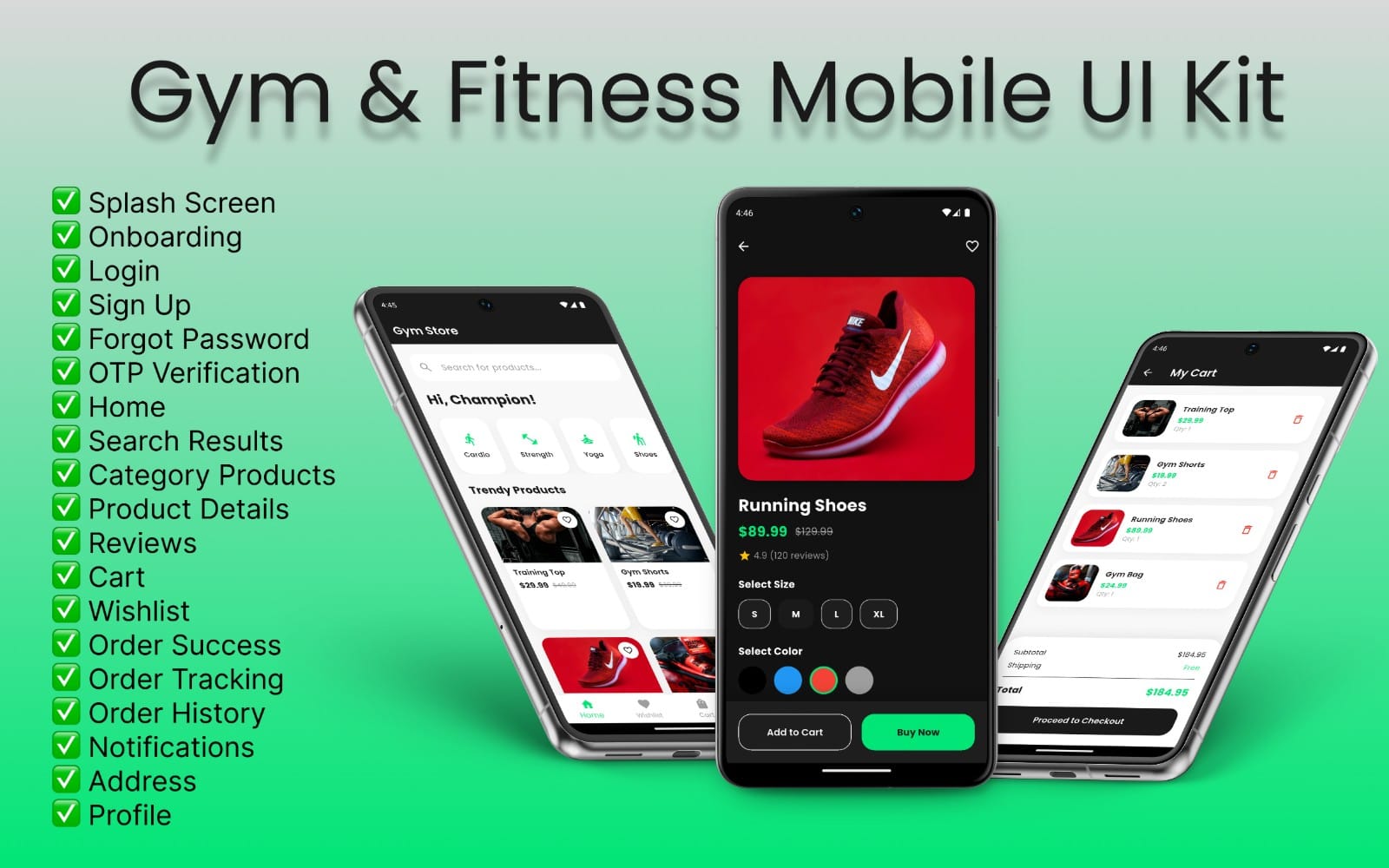 Gym & Fitness mobile UI kit promo with three smartphone mockups showing e-commerce app screens and feature list