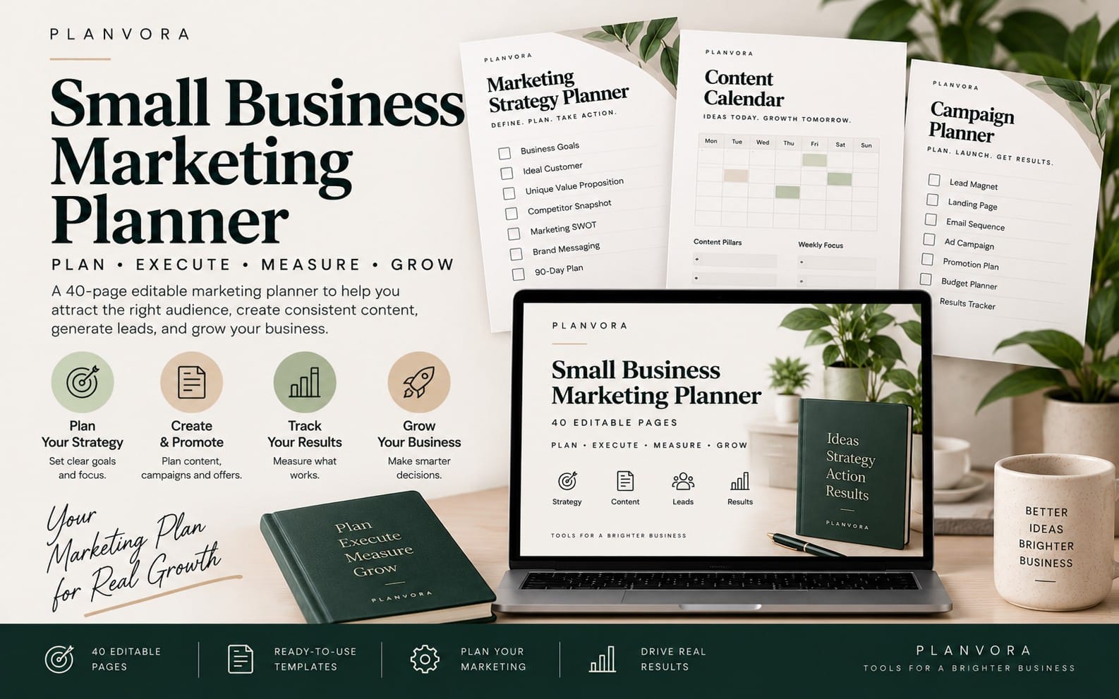Marketing planner bundle with booklets and laptop mockup titled Small Business Marketing Planner on a desk with plants