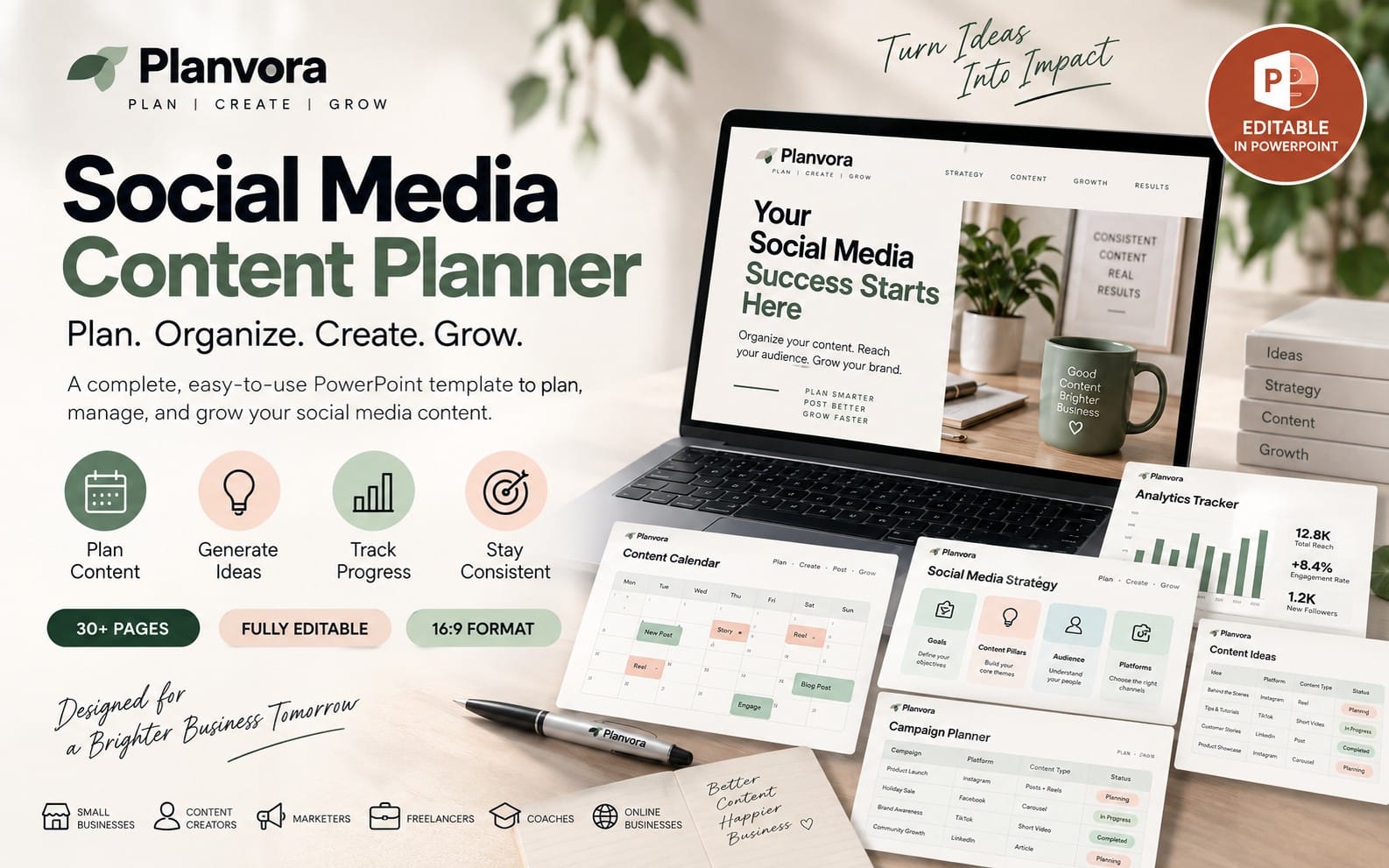 Social media content planner PowerPoint template shown on a laptop screen with calendars and analytics charts