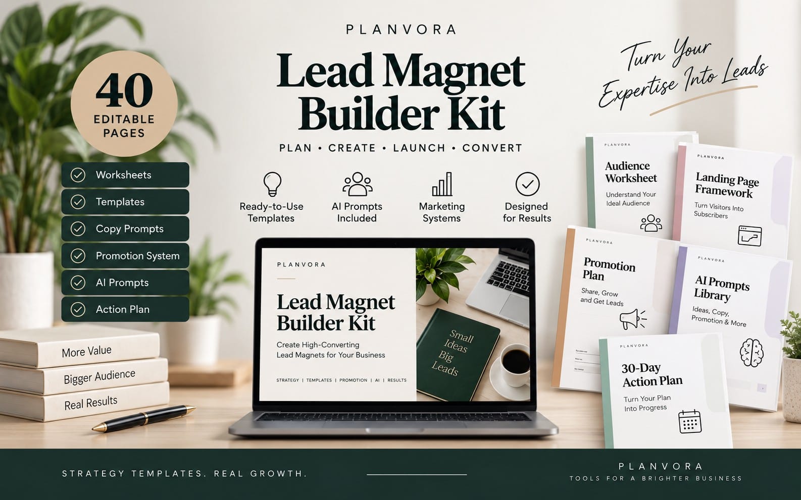 Promotional banner for Lead Magnet Builder Kit digital marketing templates shown with laptop, books, and document covers