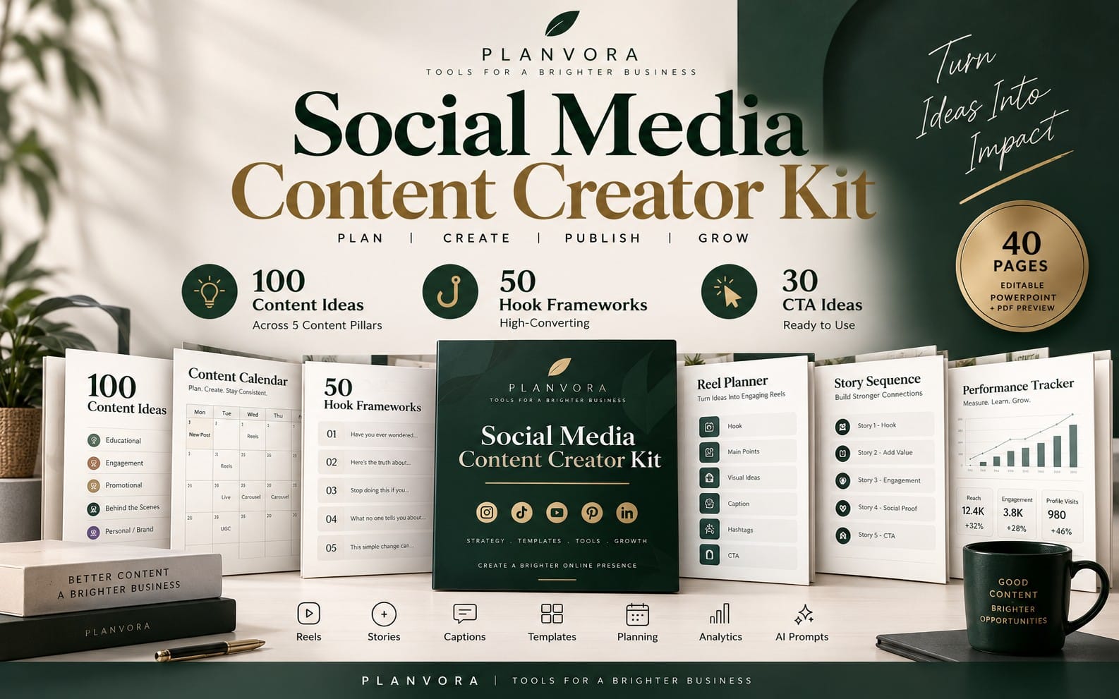 Social Media Content Creator Kit cover with planner pages, charts, and icons on a mock presentation background