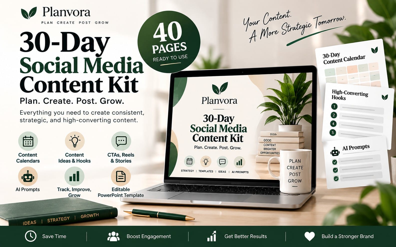 Promotional graphic for Planvora 30-Day Social Media Content Kit showing a laptop mockup and downloadable calendar/AI