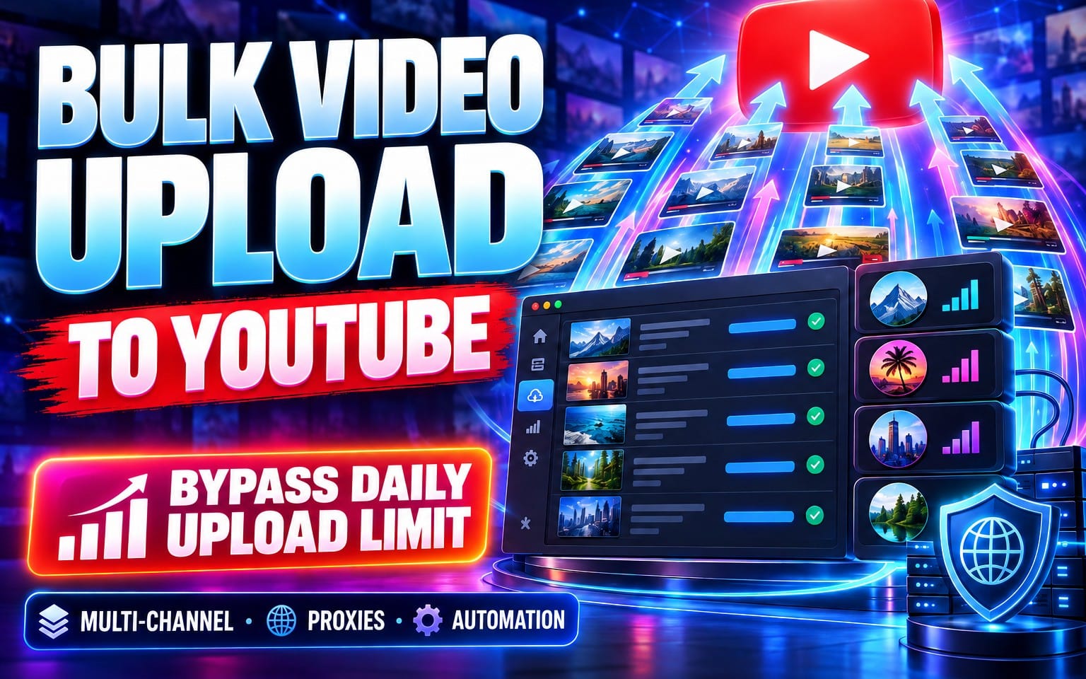 YouTube Uploader Pro marketing banner with bulk upload text, computer UI, icons, and red play logo