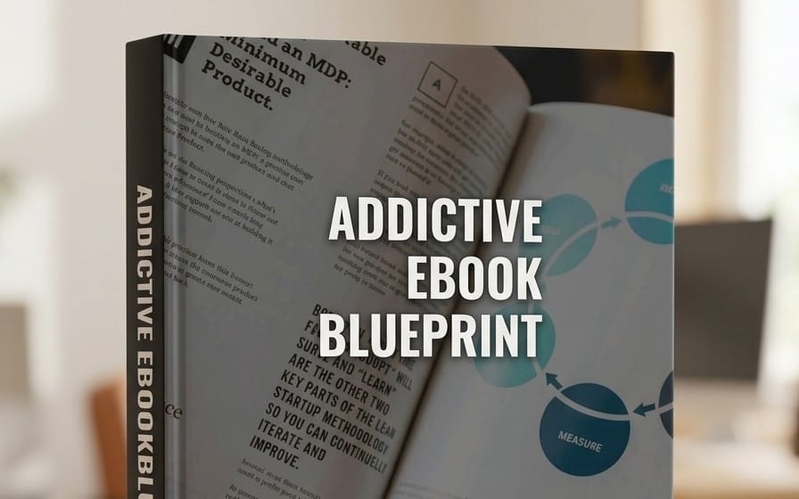 Open ebook blueprint titled Addictive Ebook Blueprint on a desk, showing writing and launch system pages