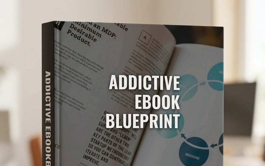 Open marketing ebook blueprint book cover with headline Addictive Ebook Blueprint on a desk