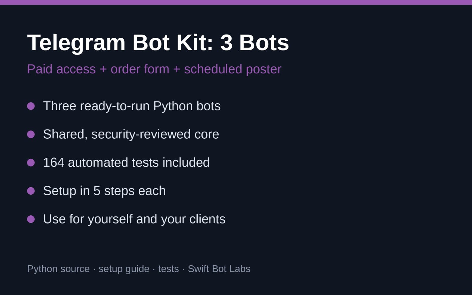 Telegram Bot Kit promotional slide for paid access order form and scheduler, showing “3 Bots” and features list