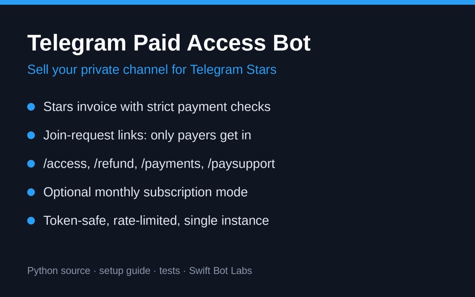 Telegram Paid Access Bot banner showing features for selling a private channel via Telegram Stars payments in Python