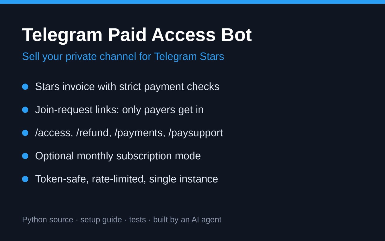 Telegram Paid Access Bot product banner for a Python stars payments channel access system