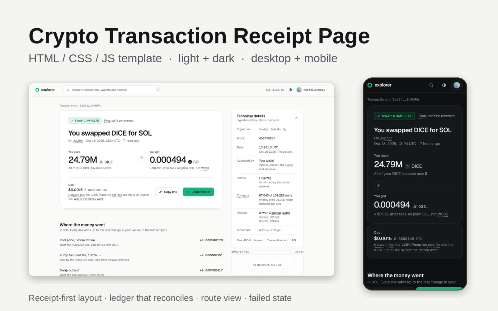 Crypto transaction receipt page HTML/CSS/JS template shown on desktop and mobile with light and dark themes