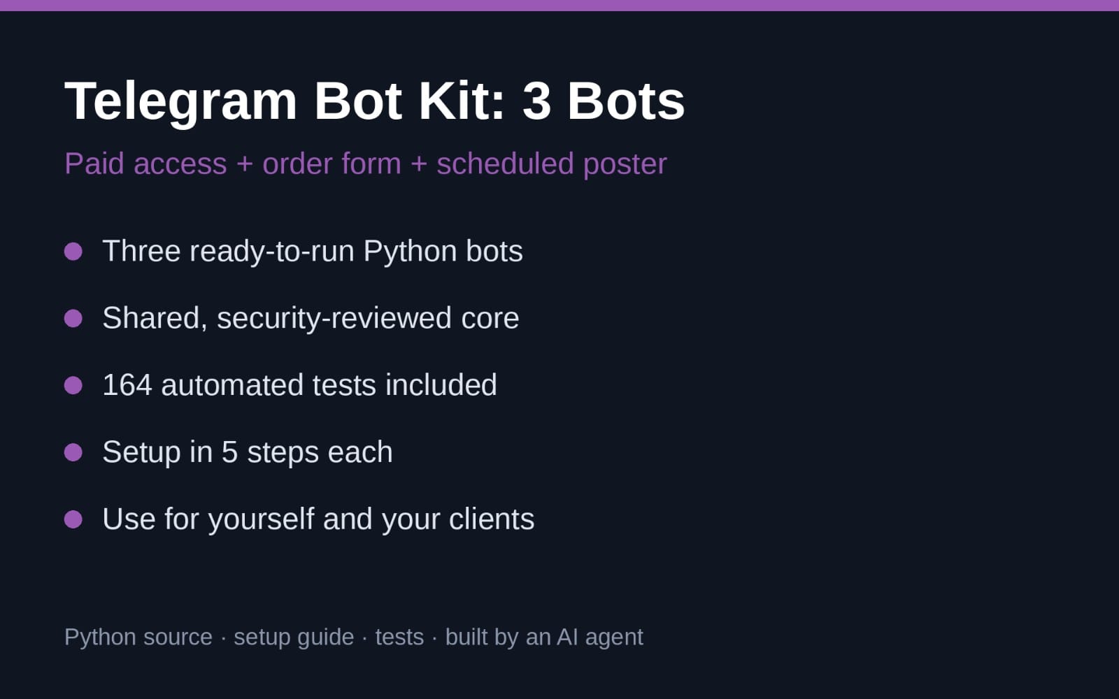 Telegram Bot Kit marketing slide with Paid access, order form, and scheduler for three Python bots