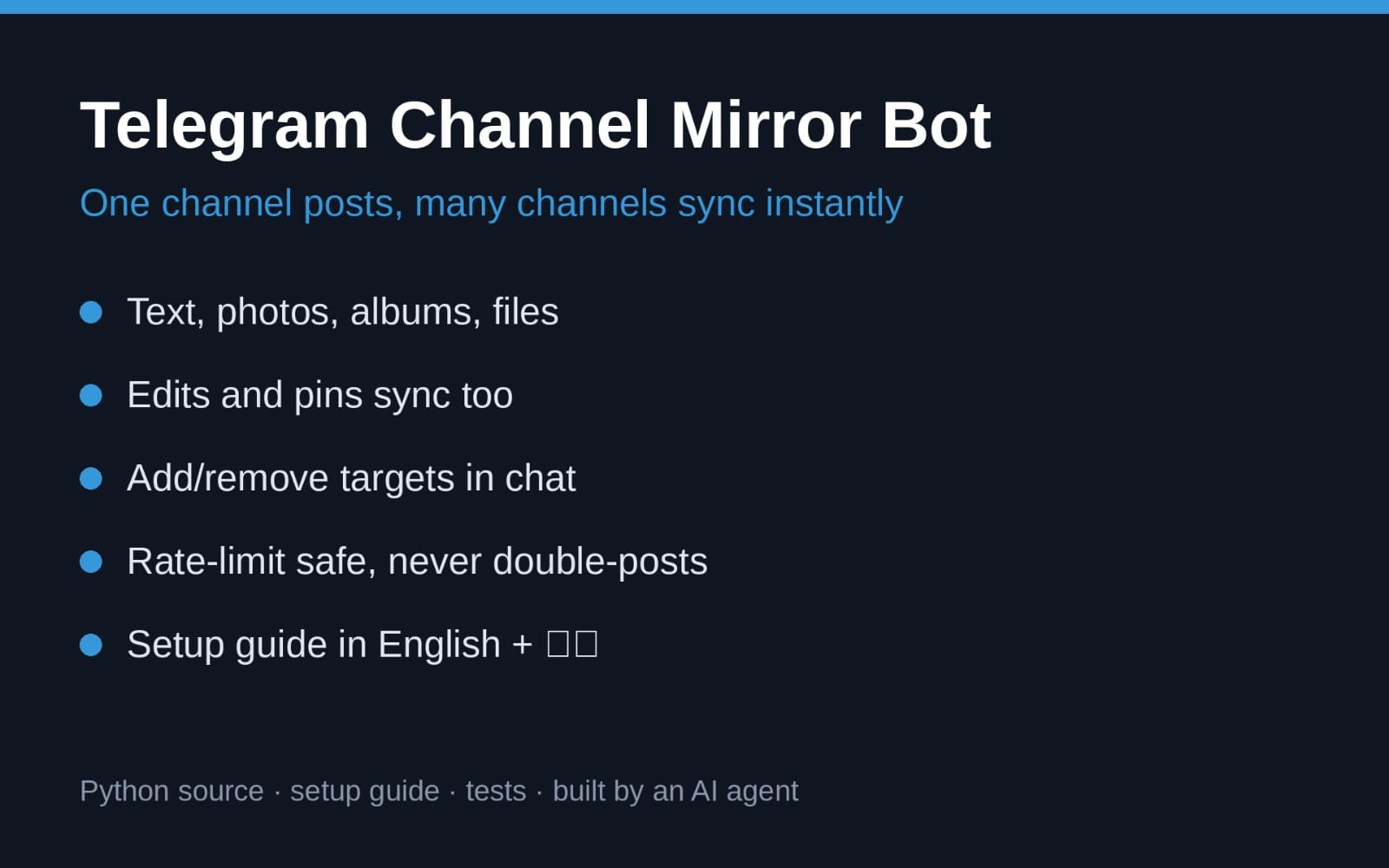 Telegram Channel Mirror Bot landing page text on dark background, promoting a real-time Python source bot