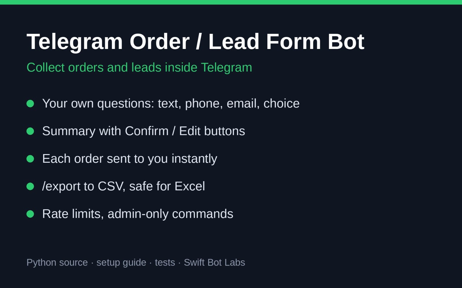 Telegram order and lead form bot Python source preview with bullet features on a dark banner