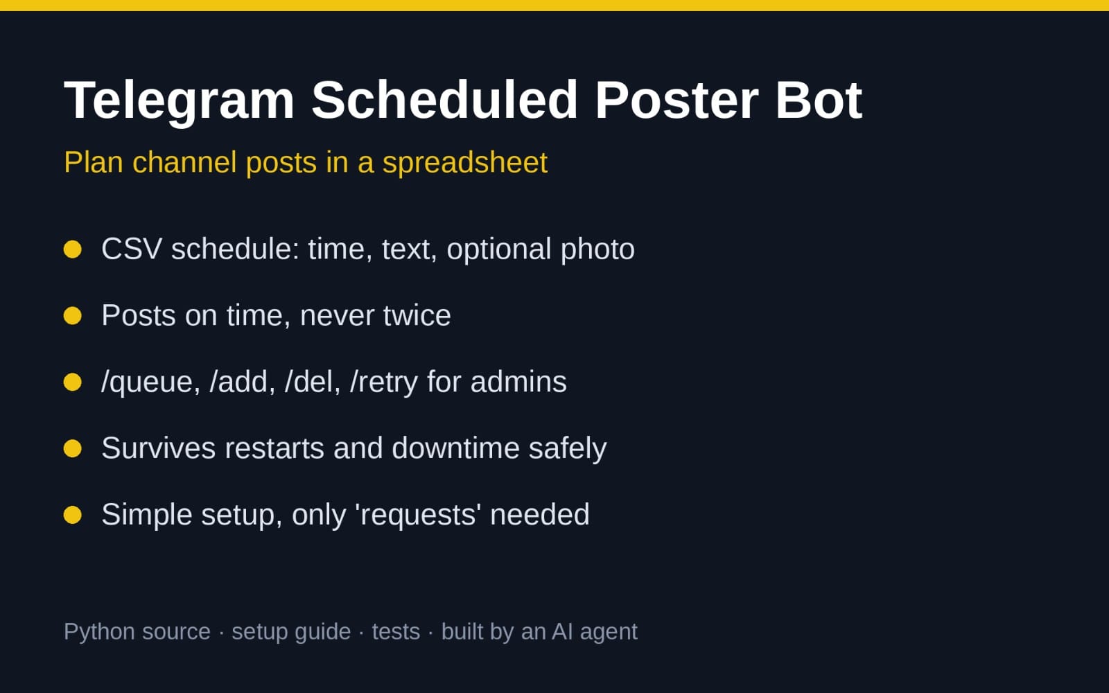 Dark promotional slide for Telegram Scheduled Poster Bot Python source with features like CSV scheduling and admin