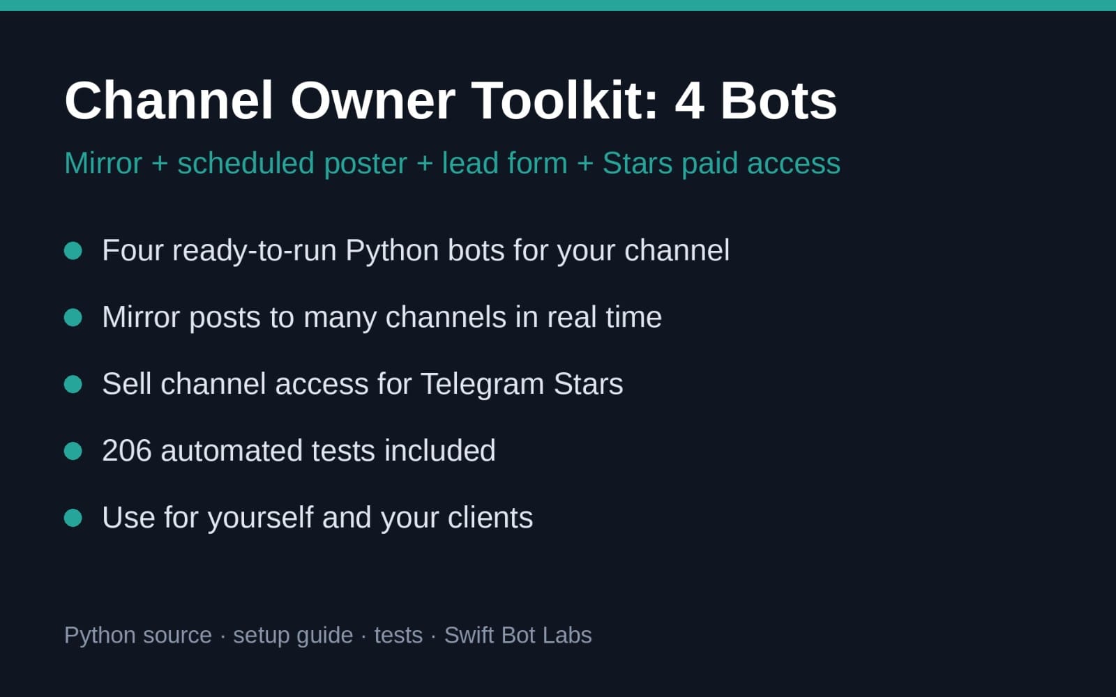 Dark promotional slide for Telegram Channel Owner Toolkit showing four Python bots features text
