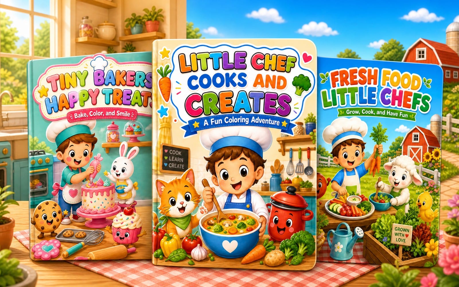 Three Little Chef printable coloring book covers with kids, vegetables, and cooking scenes