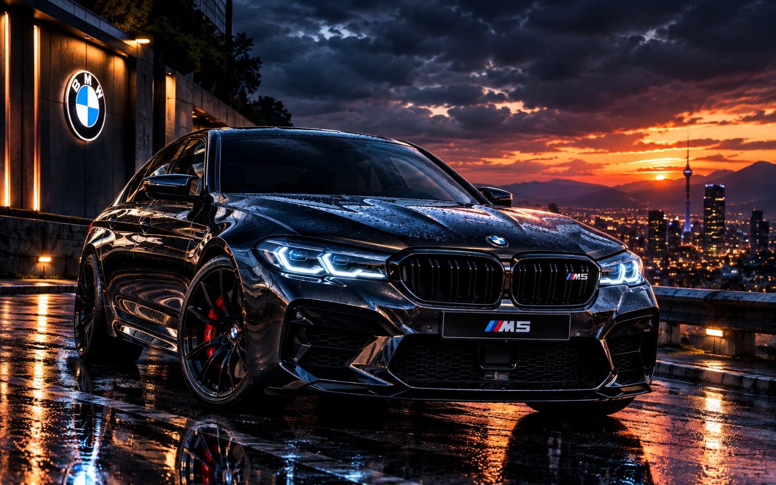 Black BMW M5 parked outside a luxury modern house at sunset with wet road reflections