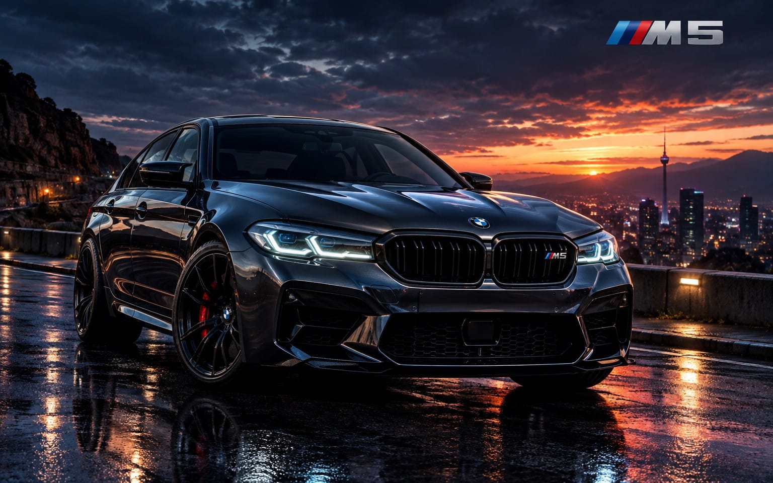 AI-generated BMW M5 sports car in a cinematic automotive style with dramatic lighting.