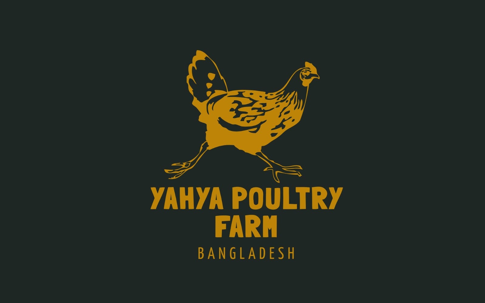 Gold rooster head logo with the text YAHYA POULTRY FARM BANGLADESH on a dark background