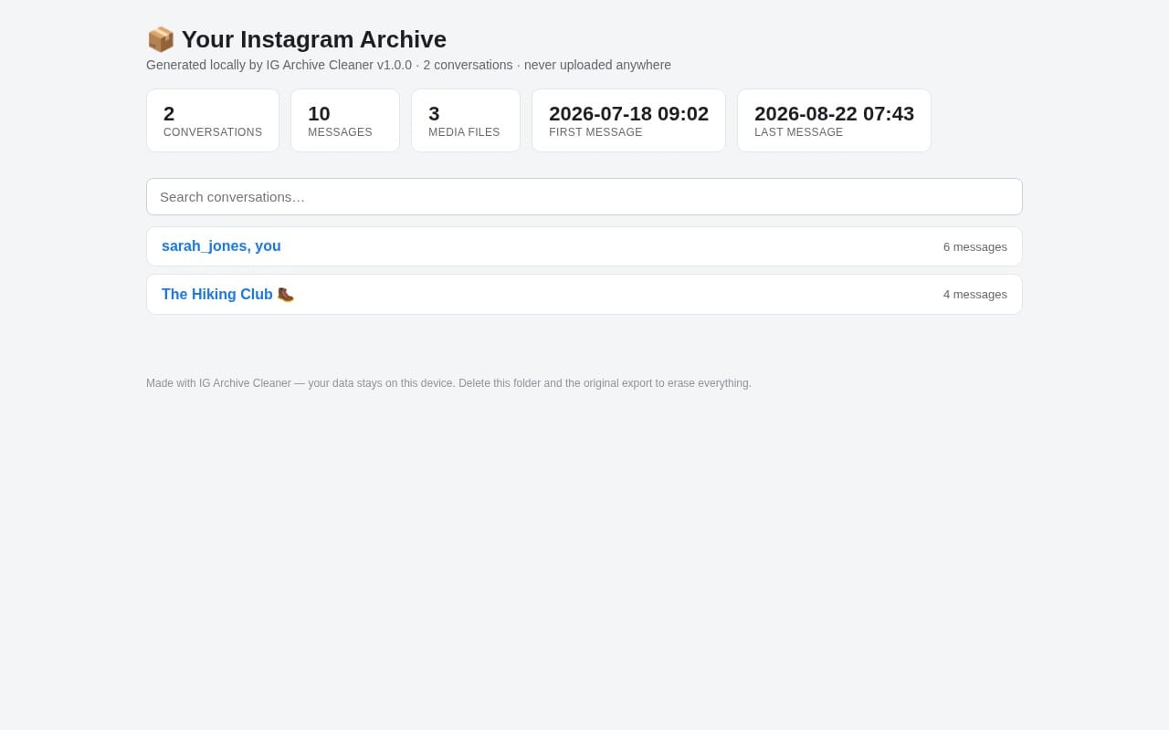 IG Archive Cleaner software UI showing Instagram export organizer with conversation list and counts in a clean dashboard