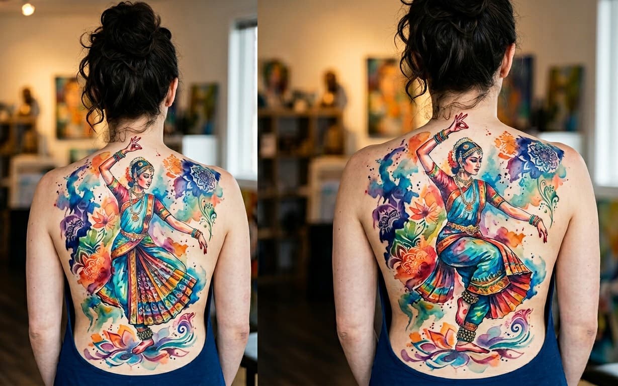Watercolor style tattoo of a indian dancer, vibrant colors, dynamic pose, back piece.
