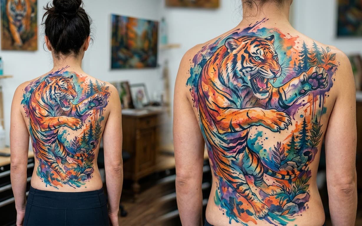 Watercolor style tattoo of a siberian tiger vibrant colors, dynamic pose, back piece.