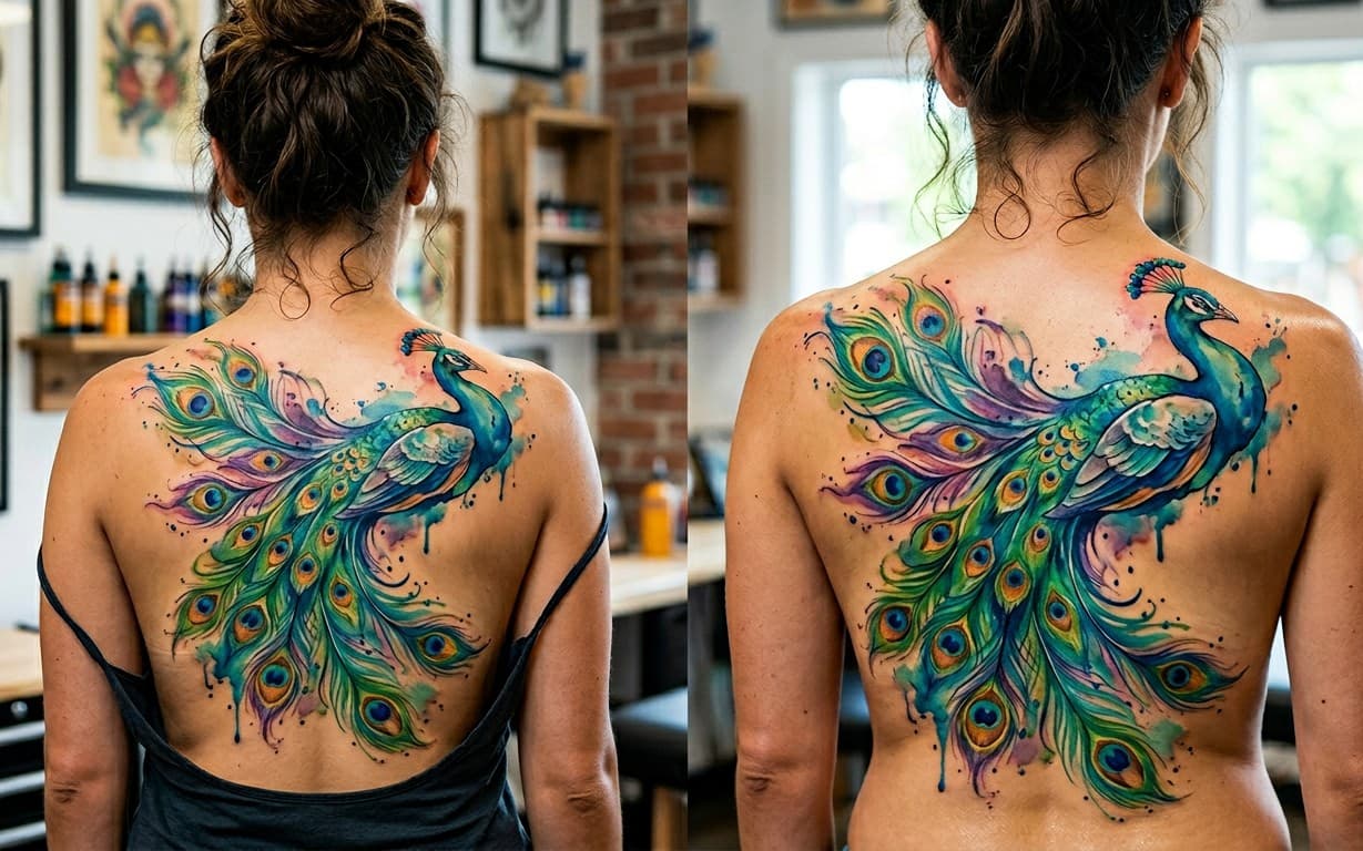 Watercolor style tattoo of a peacock vibrant colors, dynamic pose, back piece.