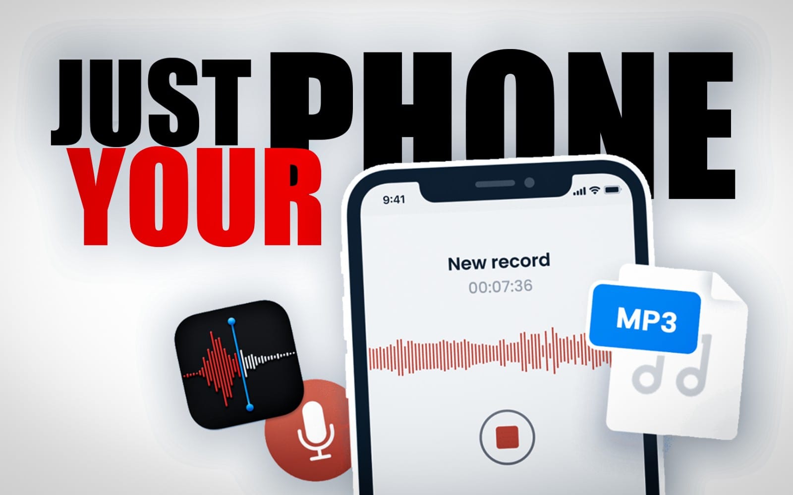 Audio preset promotional graphic with bold text and mobile waveform recording interface for MP3 production