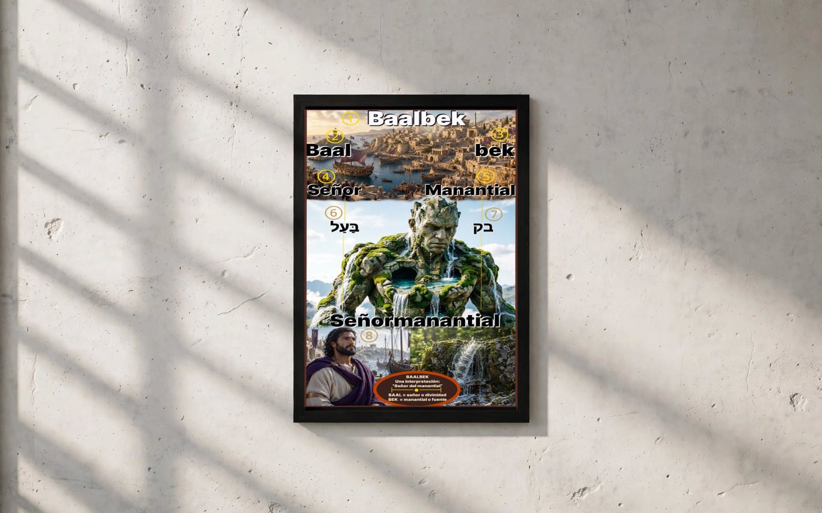 Póster con paisaje de Baalbek y Manantial, estatua verde y texto superpuesto, producto digital tipo cartel