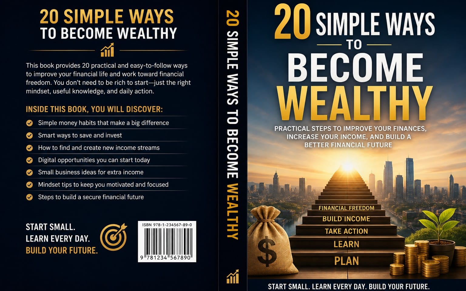 Book cover design for How to Become Rich with bold “20 Simple Ways to Become Wealthy” text and city skyline backdrop