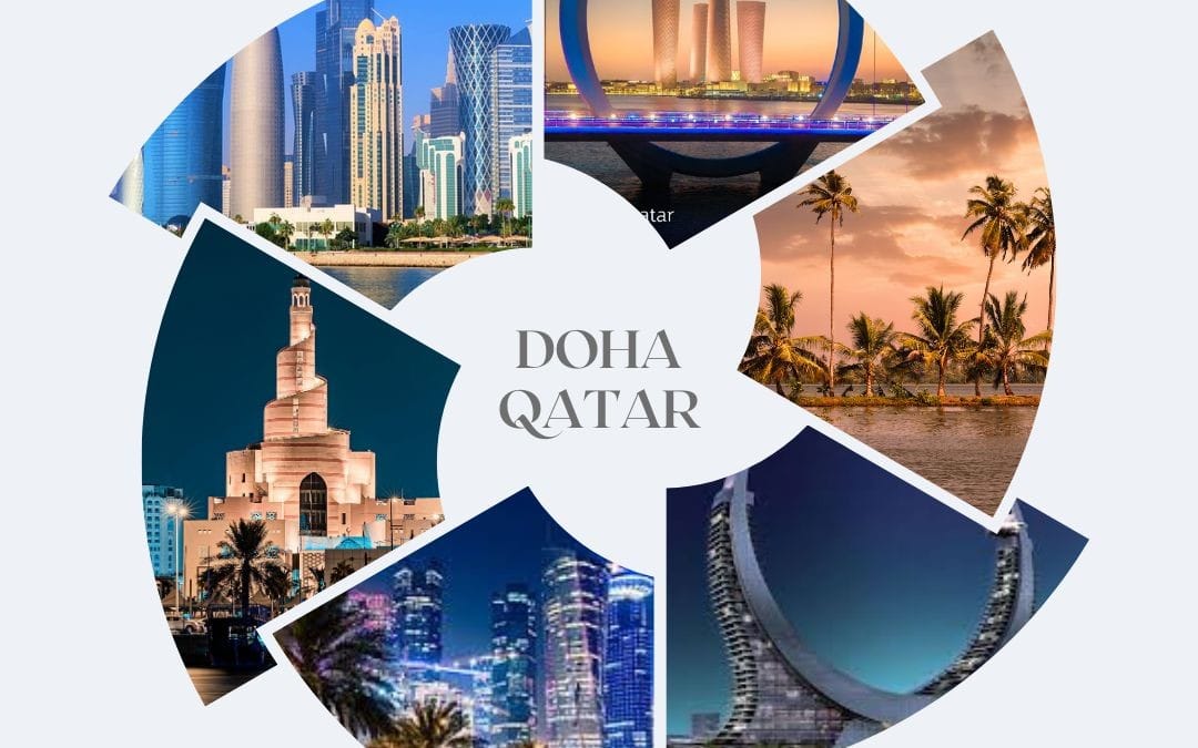 Fantasybrush digital collage banner with Doha Qatar landmarks photos in rotating circular frames