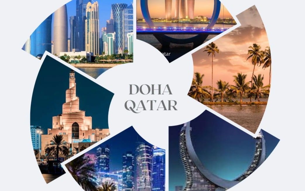 Doha Qatar travel collage design featuring skyscrapers, skyline lights, palm beaches, and architectural landmarks for