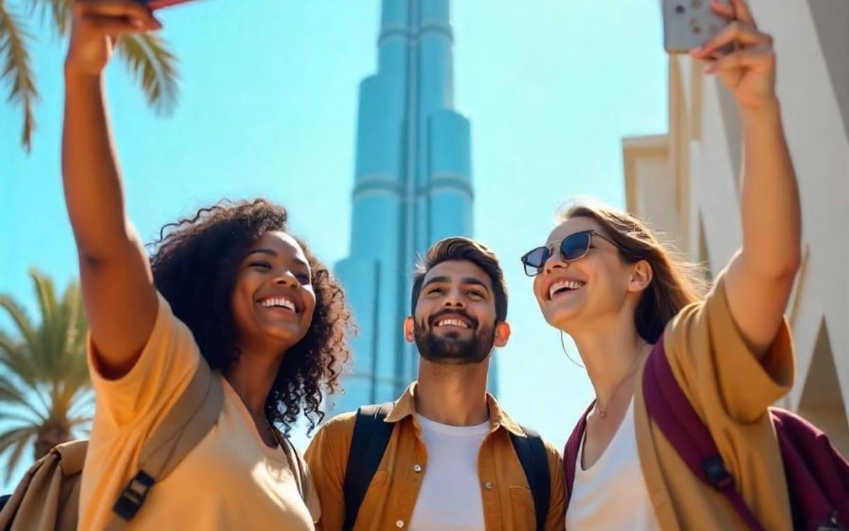 Sculpted fantasybrush digital poster showing three friends posing outdoors with tropical palms and blue tower backdrop