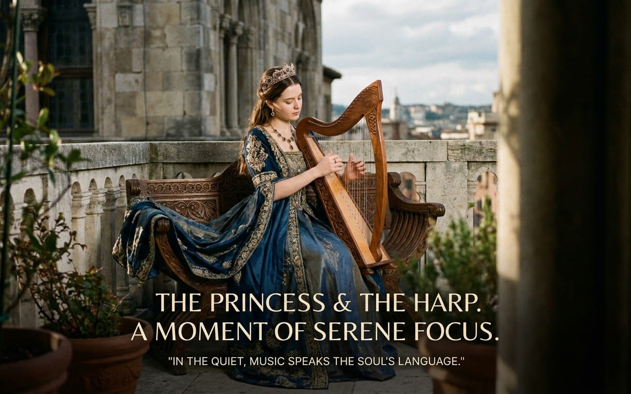 Fantasybrush cover art with a medieval princess playing a harp in an outdoor stone courtyard