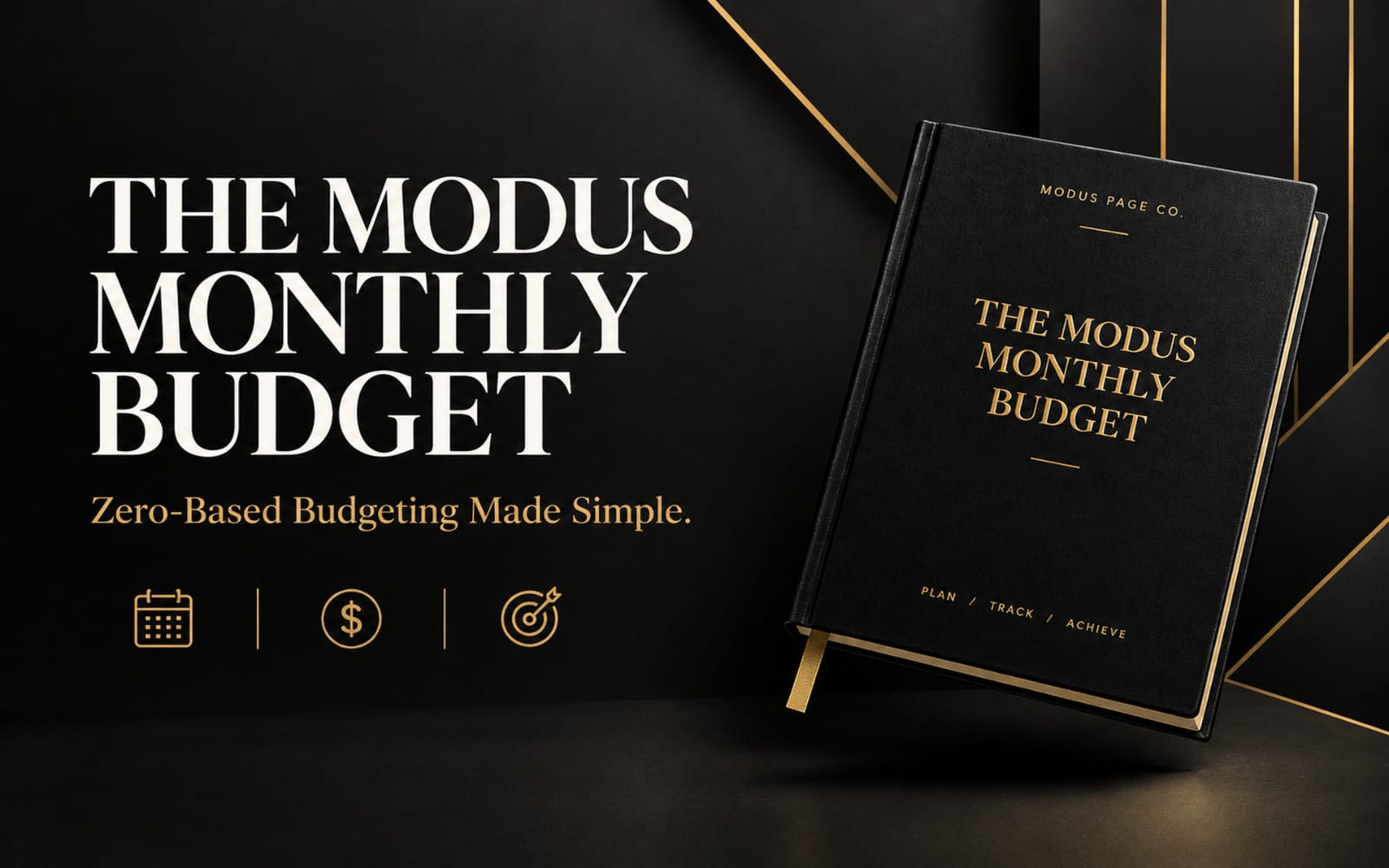 Black monthly budget planner template cover with Modus Page Co branding on a dark gold background