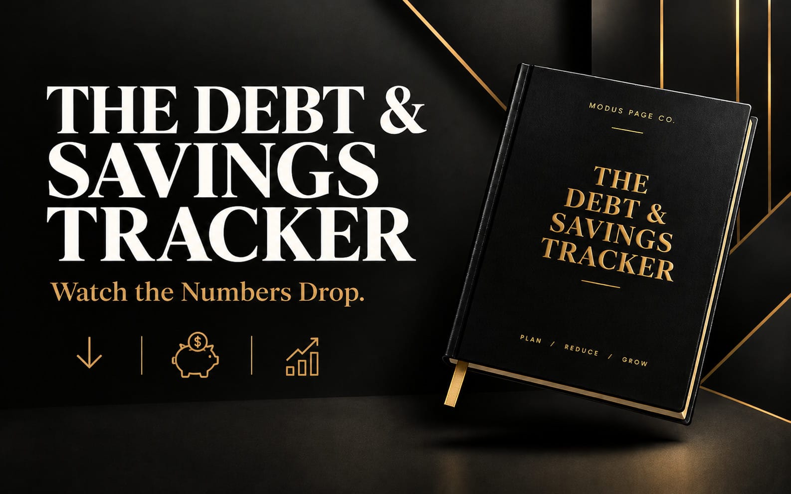 Debt payoff and savings tracker planner template with cover text and icons on a dark background