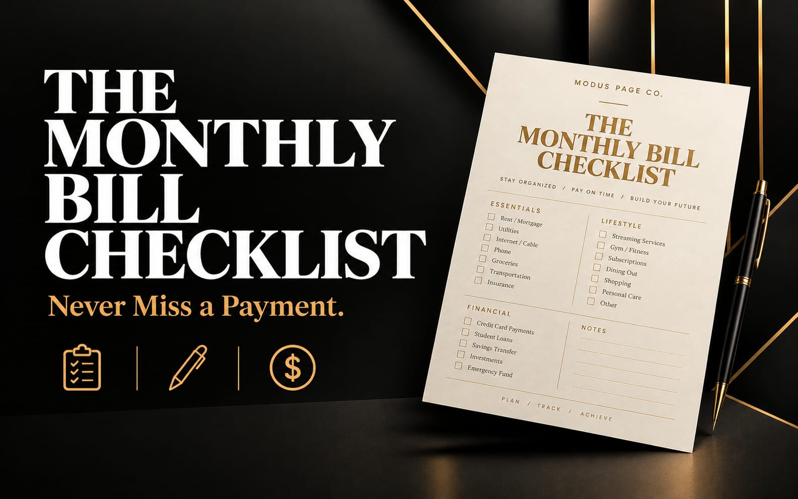 Monthly bill checklist printable on beige paper with checkboxes and gold pen on dark background