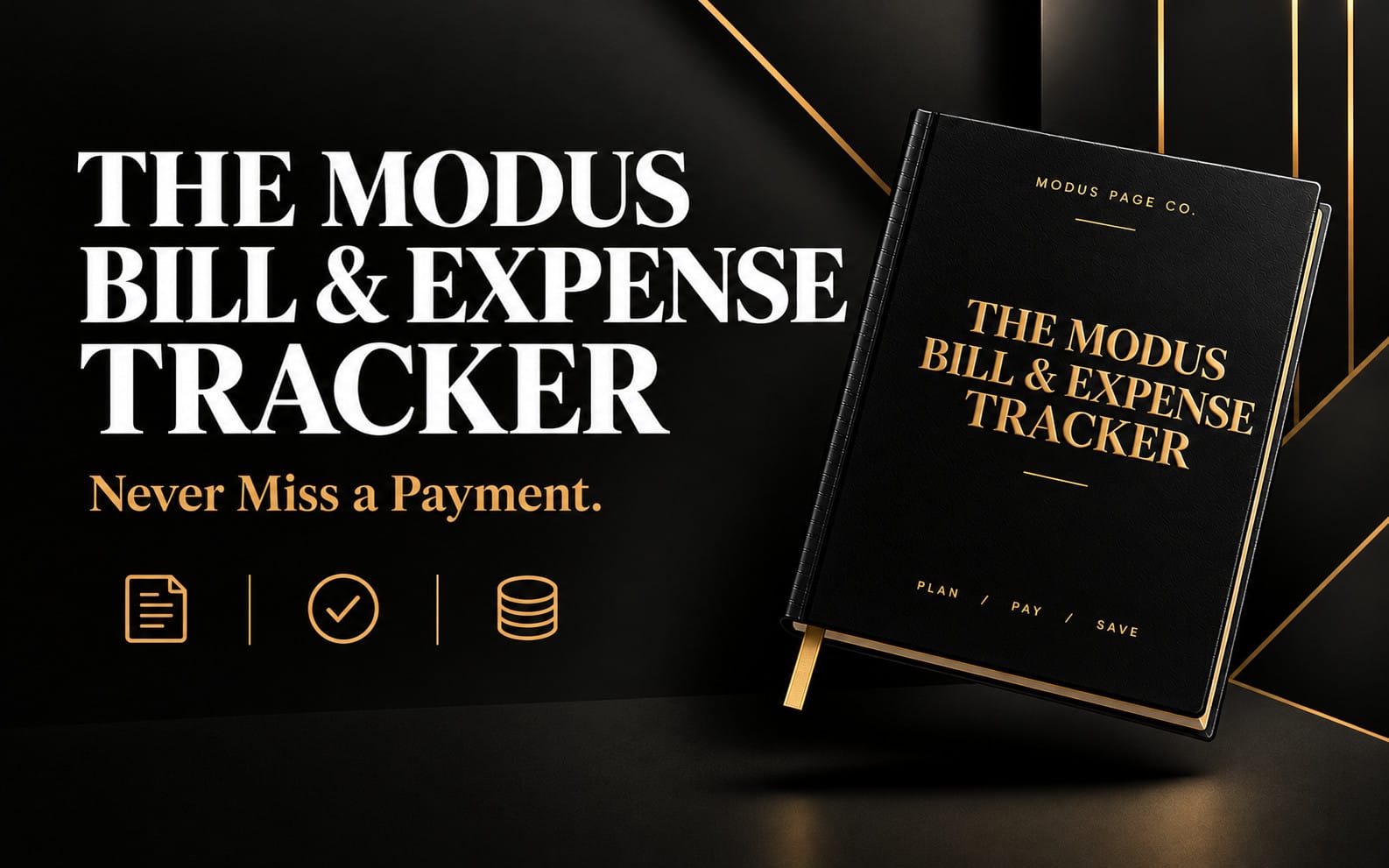 Black and gold monthly bill and expense tracker template cover with Modus Page Co branding and icons