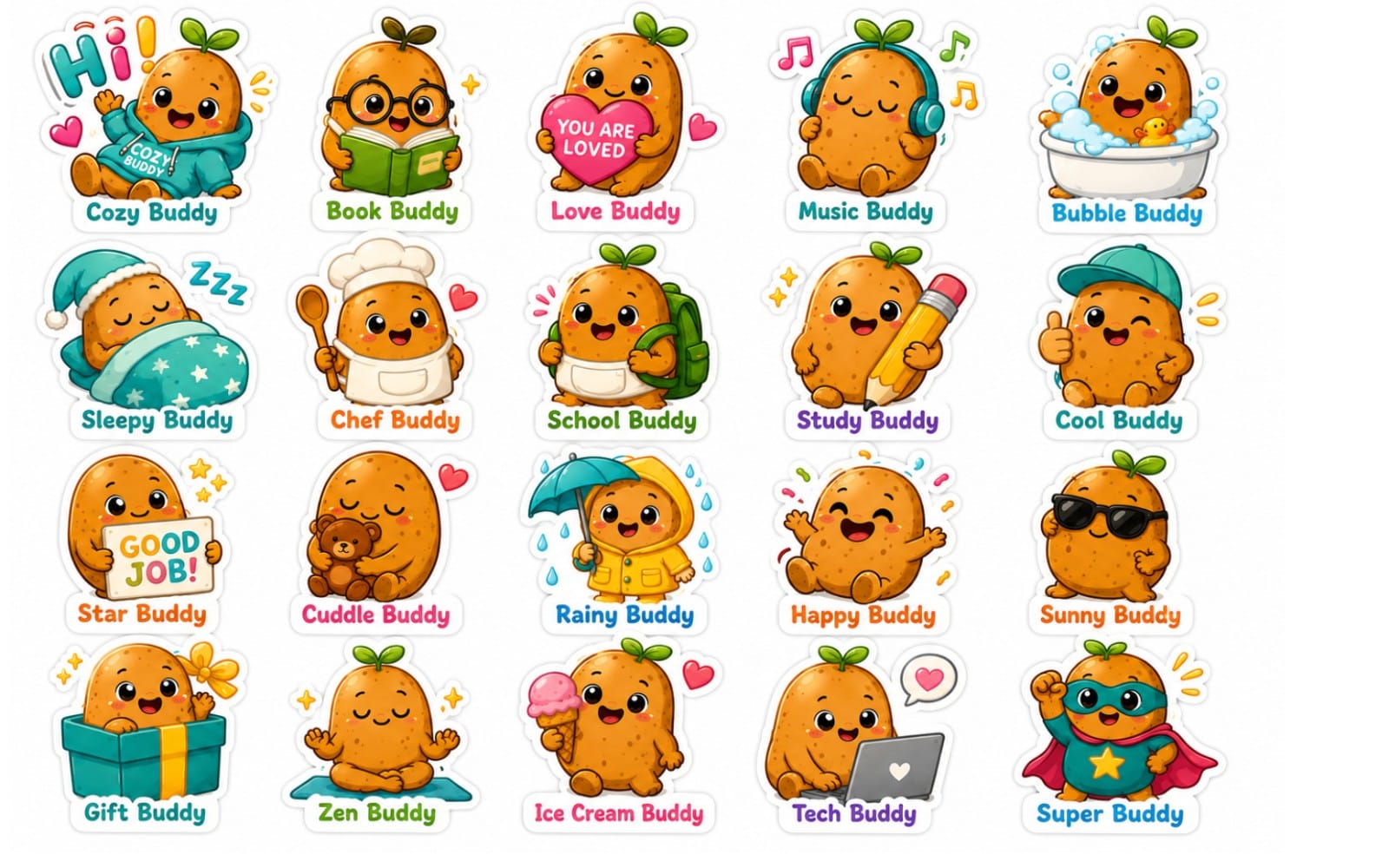 Cozy Buddy Sticker Collection – 20 Adorable Kawaii Stickers for Kids