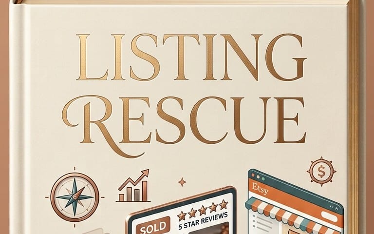 Listing Rescue prompt for Etsy sellers with “LISTING RESCUE” title and icons showing reviews and sales