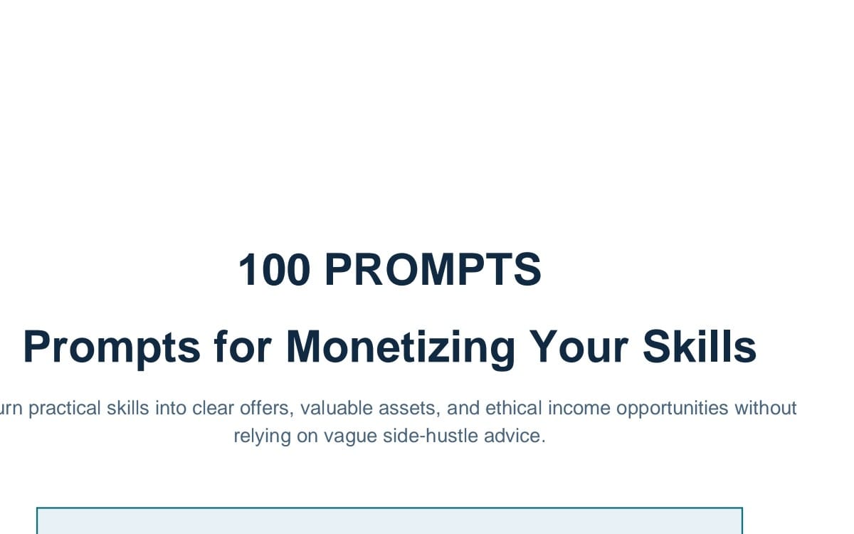 Minimal title card for a digital eBook featuring 100 Prompts for Monetizing Your Skills