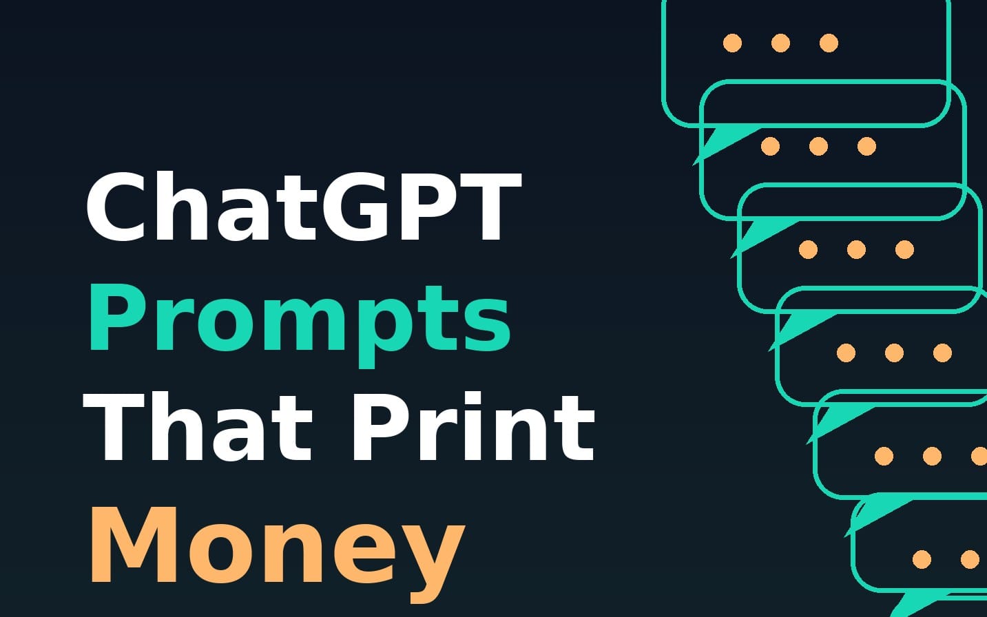 ChatGPT prompts ebook cover design with stacked chat bubbles and bold text on a dark background