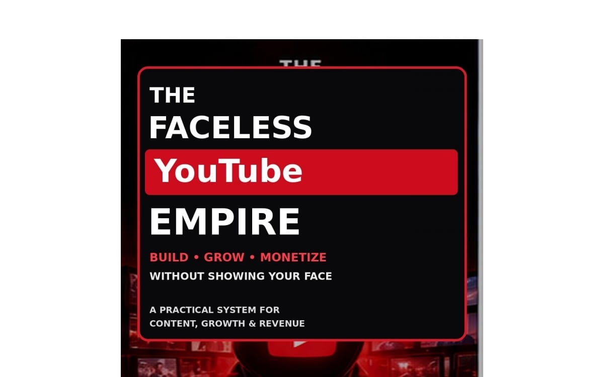 Faceless YouTube Empire digital guide cover with bold red and black text and build grow monetize theme